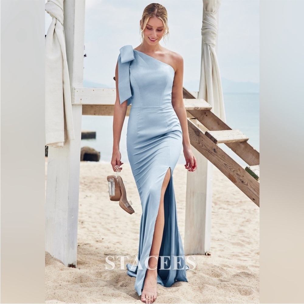 🆕 STACEES Trumpet/Mermaid One-Shoulder Stretch Satin Bridesmaid Dress Bowknot 2 - Picture 2 of 11